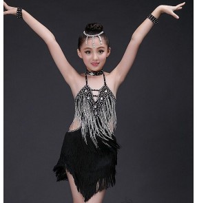 Black fringes tassels rhinestones handmade  girls kids children stage competition school play performance latin salsa samba ballroom dance dresses outfits